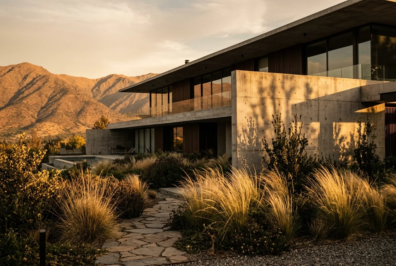 Paisajismo botánico premium en Lo Barnechea con plantas nativas en el atardecer