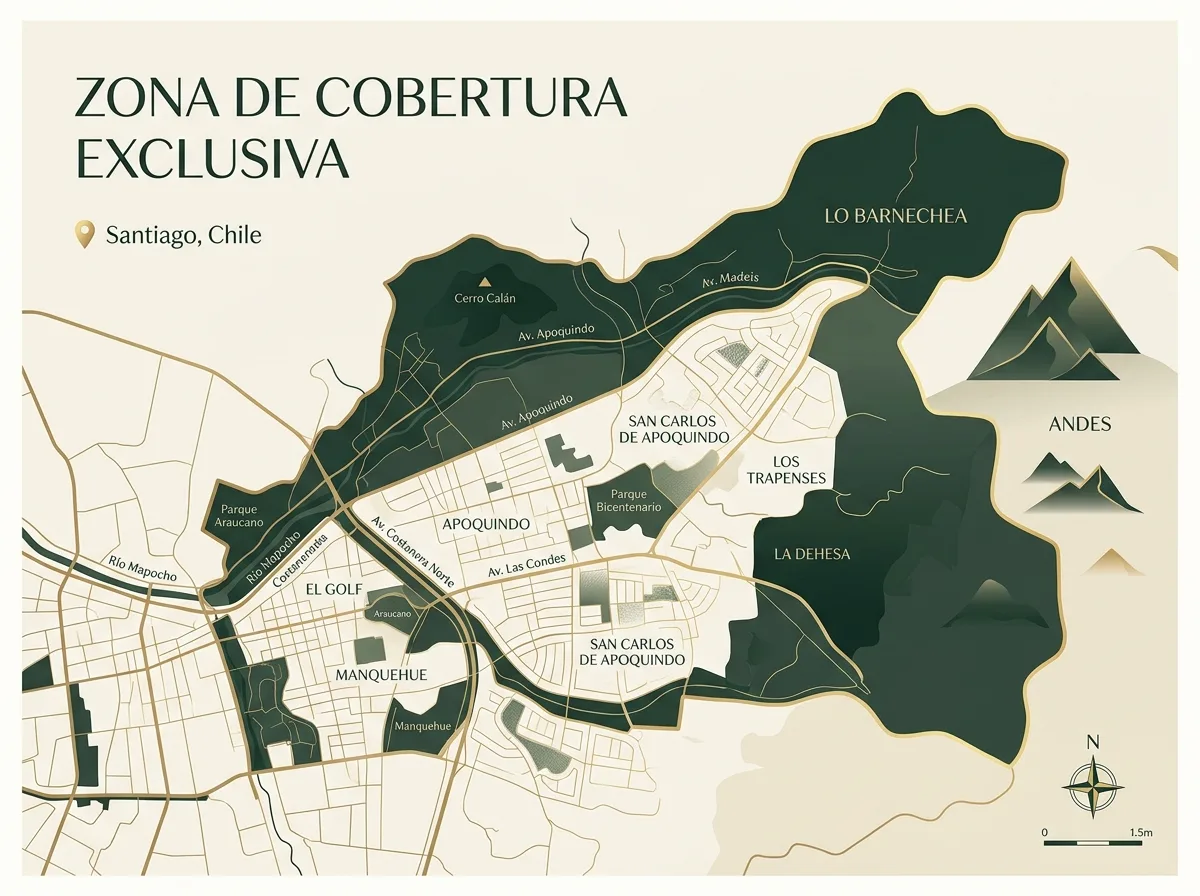 Mapa de la zona de cobertura exclusiva en Lo Barnechea, Las Condes y Vitacura